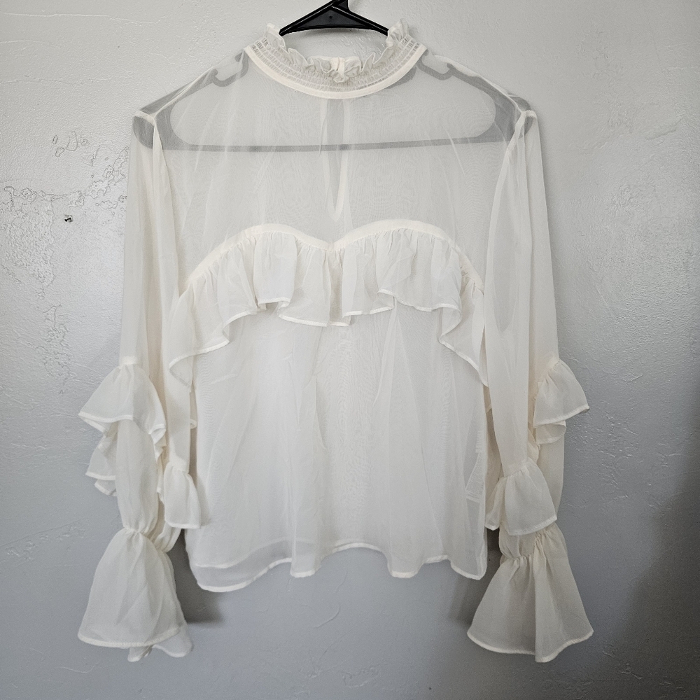 Zara Women's Medium Ivory Sheer Ruffle Blouse Long Sleeve Keyhole Boho Girly Top